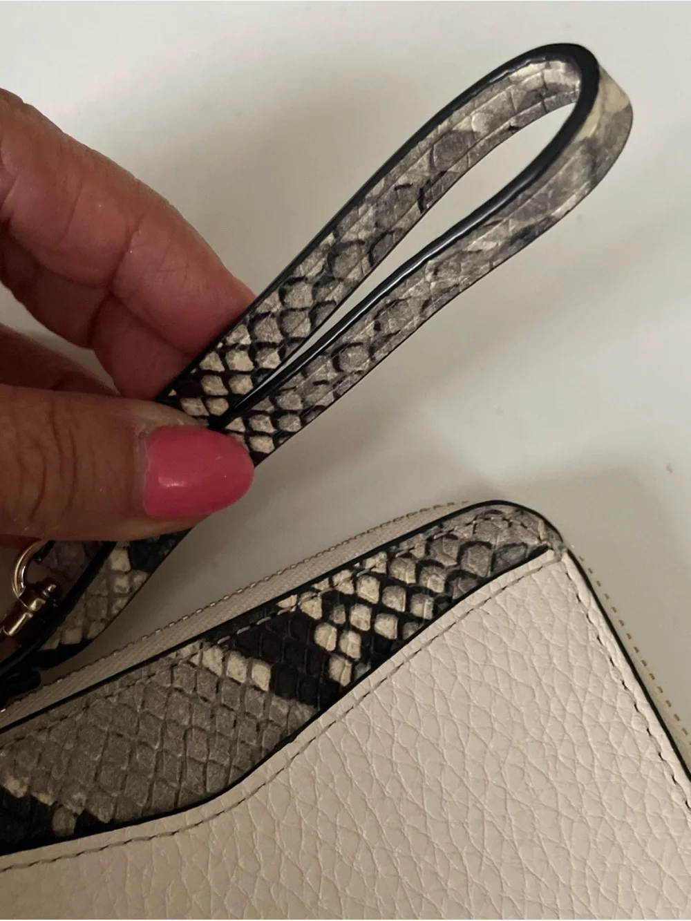 kate spade Cream Pebbled Wristlet with Snake-Print Trim
